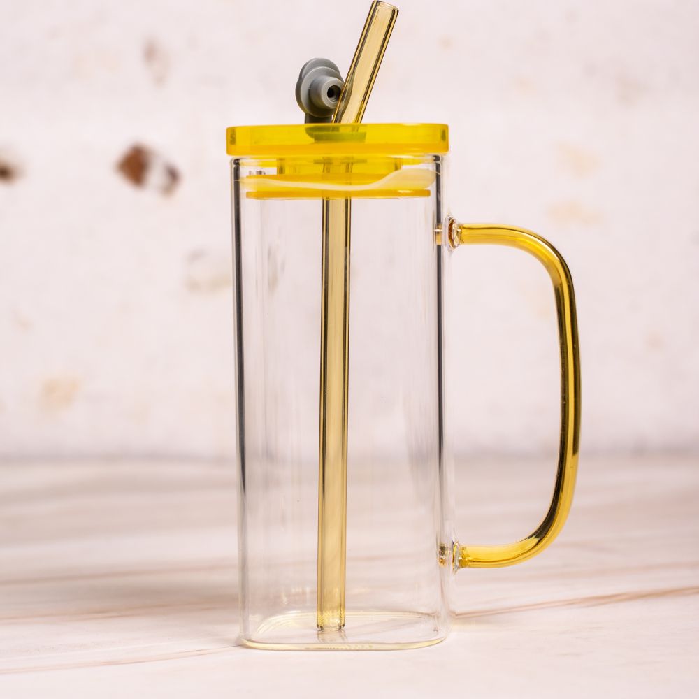 Square Glass Mug 400ml With Lid and Straw