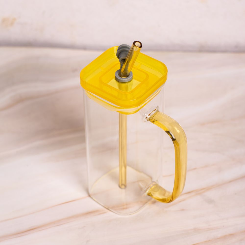 Square Glass Mug 400ml With Lid and Straw