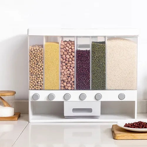 Cereal Dispenser Wall Mounted, 6 Grid Dry Food Dispenser